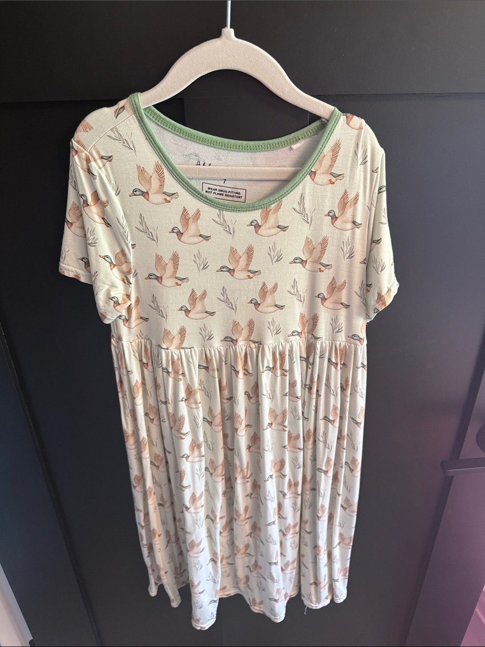 Soft Cream Duck-Print Kids Dress with Green Trim